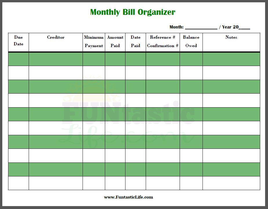 FREE Printable Monthly Bill Organizer - Funtastic Life