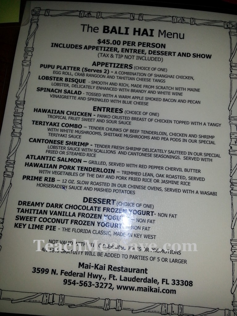 Mai-Kai Restaurant and Polynesian Show Menu