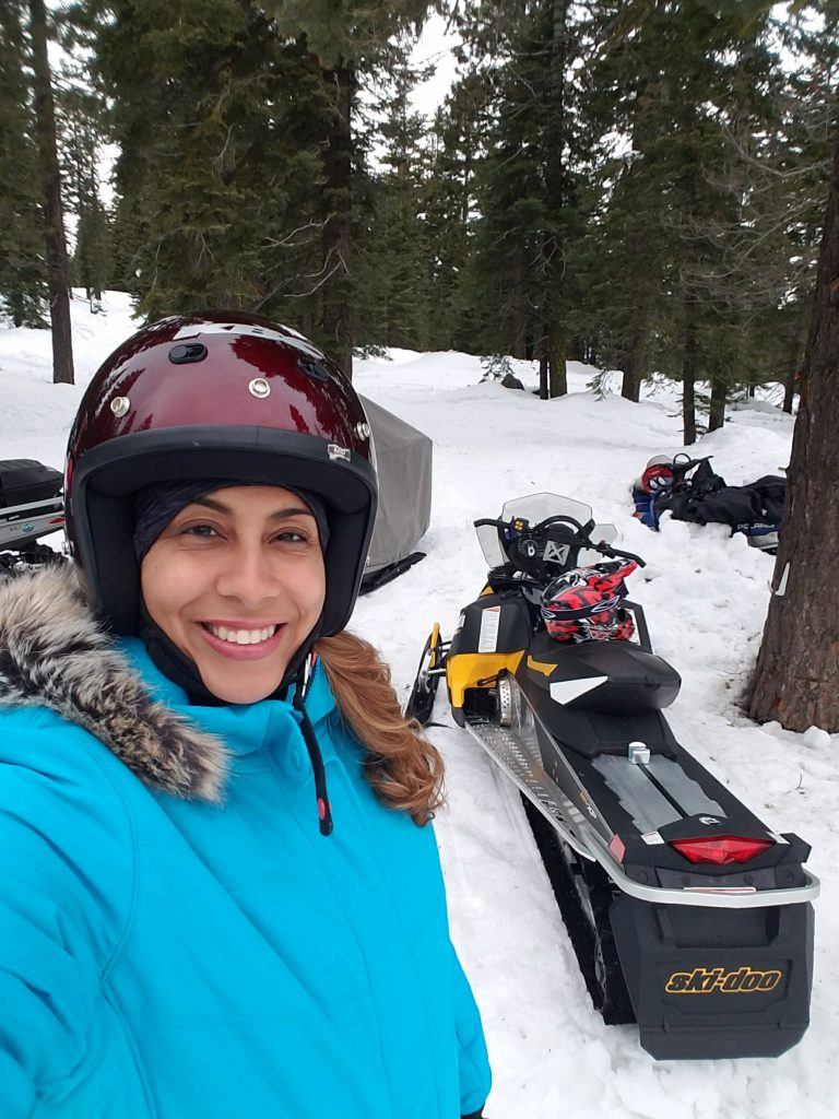 Leanette prepping for snowmobiling