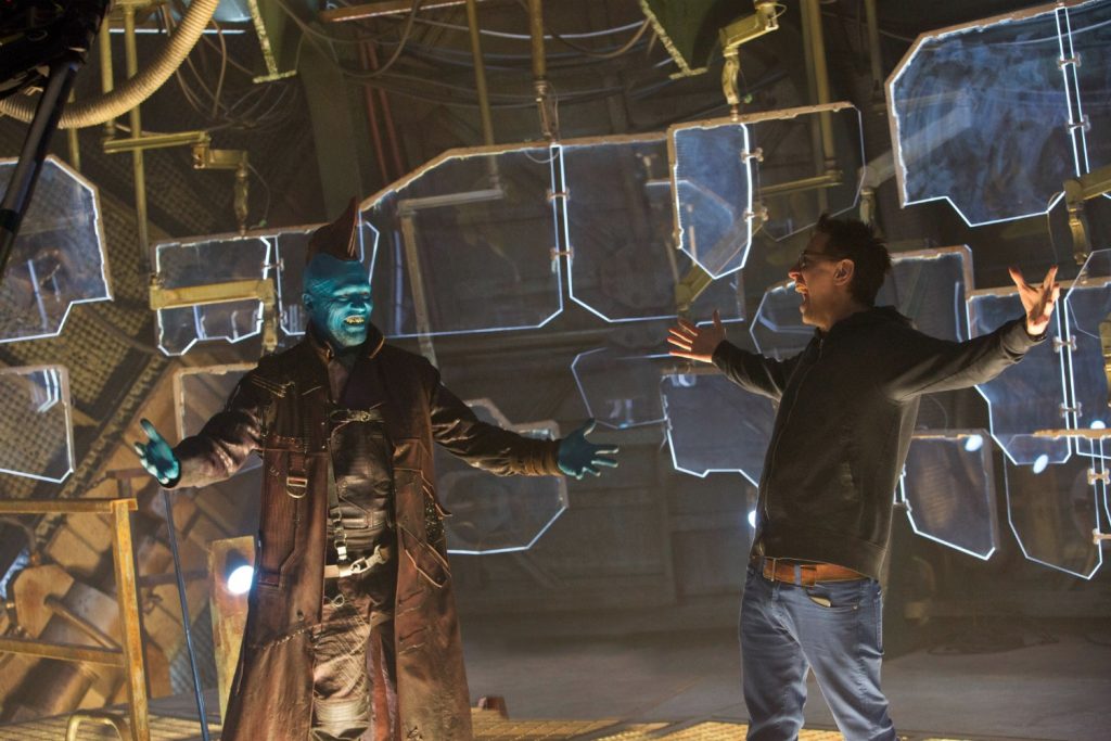 Guardians Of The Galaxy Vol. 2 L to R: Michael Rooker (Yondu) and Director James Gunn on set. Ph: Chuck Zlotnick ©Marvel Studios 2017