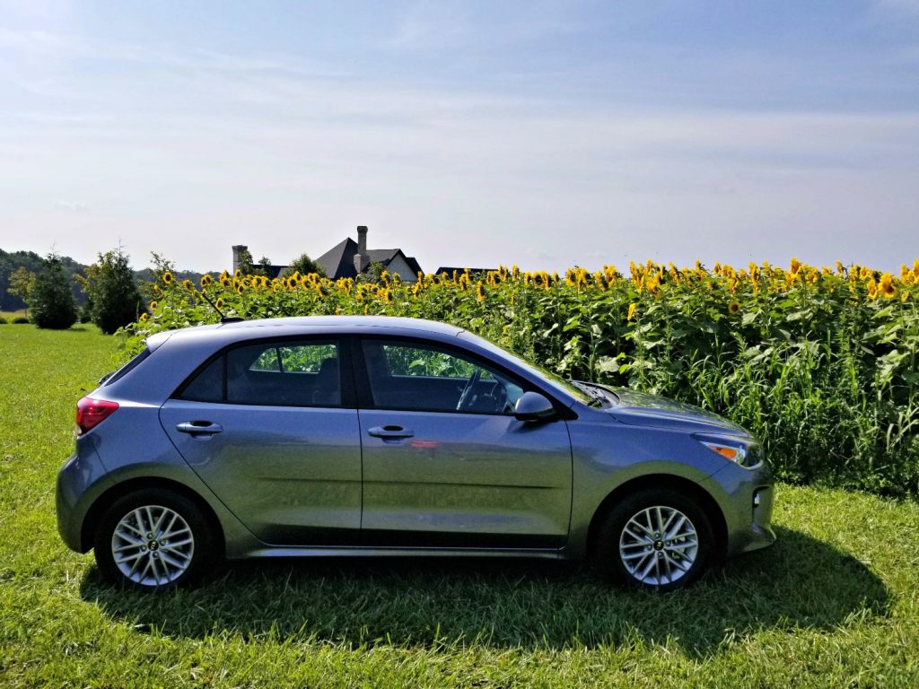 2018 Kia Rio in front of the sunflower patch R