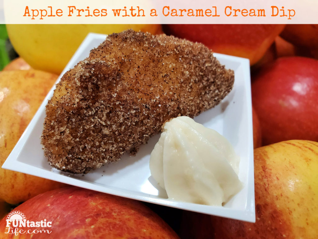 Easy Apple Fries with Caramel Cream Dip on a white plate